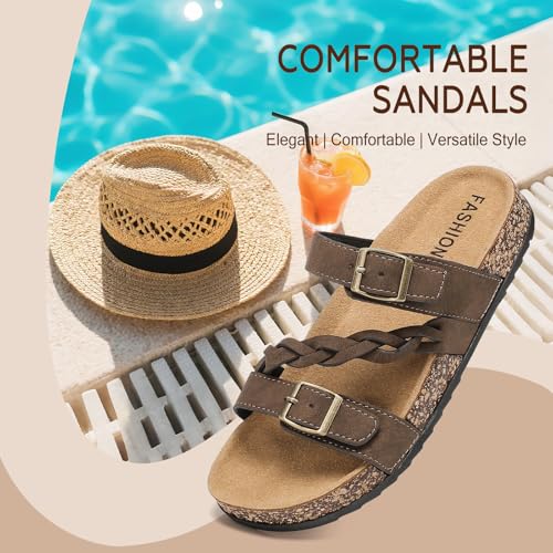 Women's Cork Footbed Sandals with Arch Support Comfortable Adjustable Straps Braided Sandal with Double Buckles, Non-Slip Slip-On Slide Sandals for Summer Water Resistant Slides Footwear US Size 103