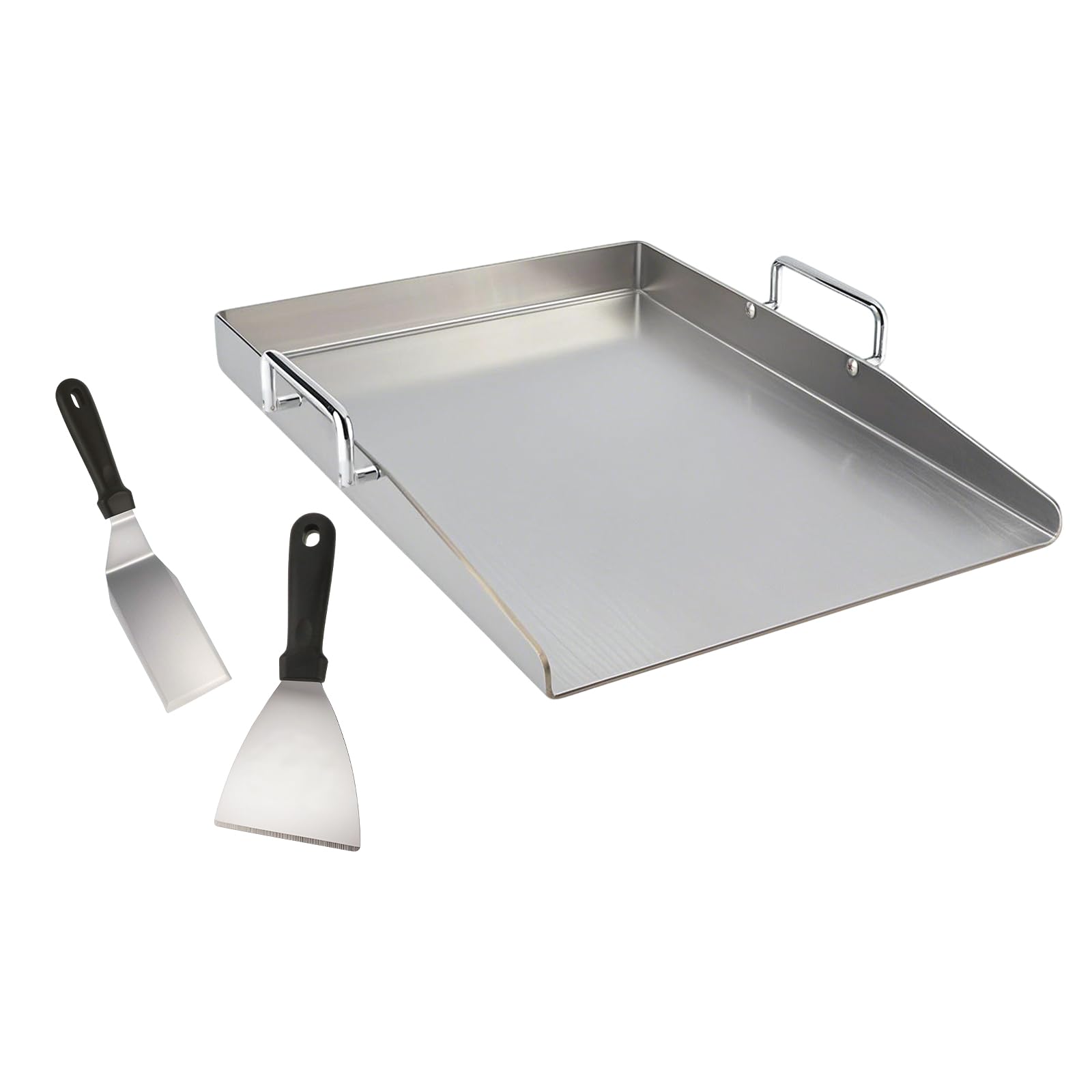 Grillplatte - 40 x 30 cm Edelstahl Plancha mit Grillspachteln und Griff, Grillzubehör Universal BBQ Grillplatte für Gasgrill und Holzkohlegrill