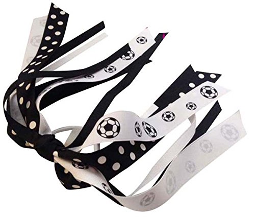 Glitter Soccer Ponytail Bow with Black and White Polka Dot Ribbons for Girls