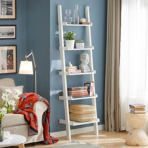 Haotian FRG17-W, White Modern 5 Tiers Ladder Shelf Bookcase, Storage Display Shelving Wall Shelf