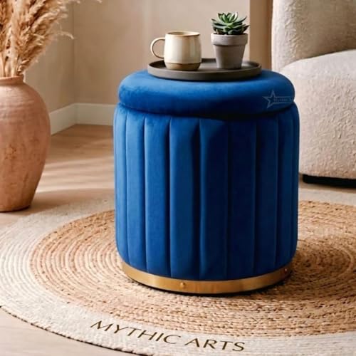 Image of Superior Round Storage Ottoman Stool 13 X 13X 16 inch, with Gold Metal Base | Elegant Pouffe with Secret Storage | Cushioned Footrest for Living Room, Bedroom, and Lounge Blue