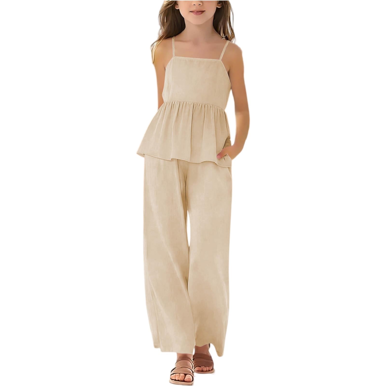 Mädchen Zweiteiler Sommer Set mit Trägertop & Weithose | Lässiges Freizeitset Geraffter Taille Rüschen Leichtes Strand Outfit für Urlaub Alltag