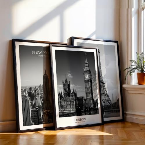 Image of NoWorries Black & White City Wall Art Framed Painting Set of 3 | New York London Paris Skyline Prints with Frame | Modern Minimalist Travel Poster Wall Decor Frames for Living Room, Bedroom and Office | Ready to Hang (Art-2, 17x25inch, Wooden)