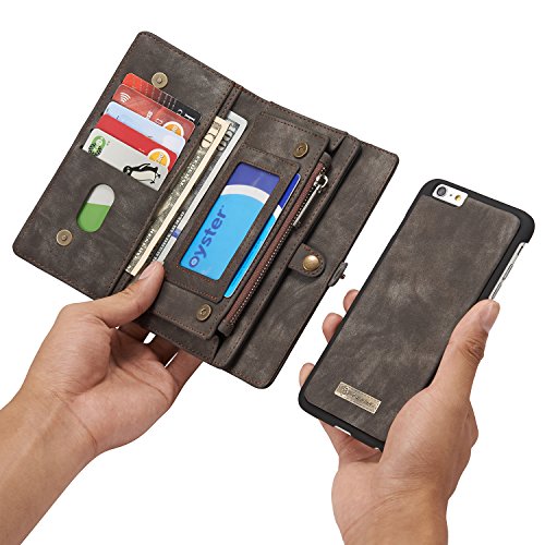 Leather Wallet Phone Case Card Holder Detachable Slim Case with Zipper Storage , Gray