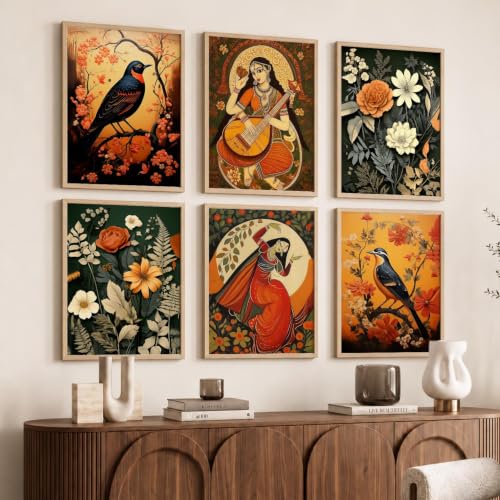 Image of kotart Premium Digital Madhubani Art Paintings with Frame for Home Decor - Framed Painting Living Room Bedroom Office - Wall Decoration - Pack of 6 (14X20 Inch, B)