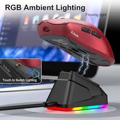 Image of Wireless Gaming Mouse with RGB Magnetic Charging Dock, Tri-Mode 2.4G /BT 5.3 /Wired, 12000 DPI, PAW3311 Sensor, 65g Lightweight, 7 Programmable Buttons, for PC /Mac (Red)