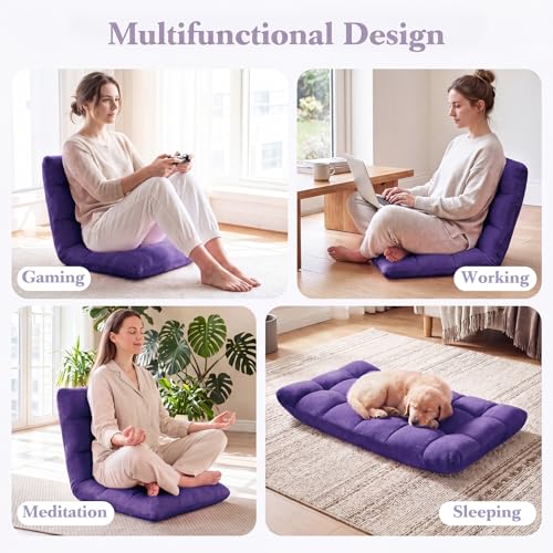 Image of Giantex Folding Floor Chair with Back Support, 14 Adjustable Position, Padded Sleeper Bed, Couch Recliner, Gaming Video Chairs for Adults, Meditation, Living Room (Purple)