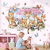 decalmile Wandsticker 3D Tiere Blumen Baumzweige Wandtattoo Kinder Waldtiere Hirsch Fuchs Bär Rosa Kirschblüten Wandaufkleber Babyzimmer Kinderzimmer Jungen Schlafzimmer Wanddeko