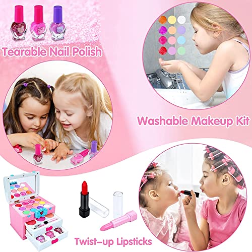 INNOCHEER-Washable-Kids-Makeup-Kit-for-Little-Girls-3-8-Real-Makeup-Toy-Set-with-Portable-Makeup-Box-Lipsticks-Brushes-and-Mirror-for-Kids-Toddlers-Pretend-Play-Birthday-Christmas