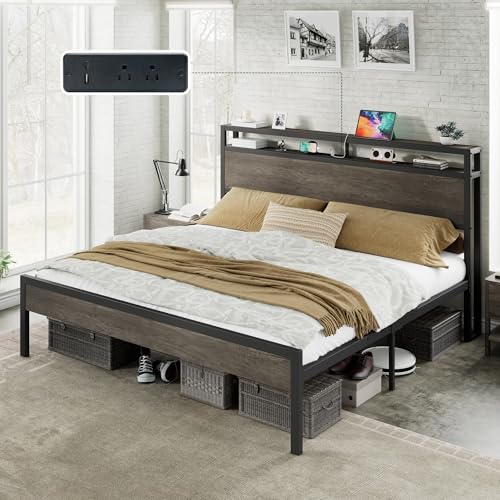 Image of AMERLIFE King Size Bed Frame with Storage Headboard & Charging Station, Industrial Metal Platform Bed with Large Under-Bed Storage, Heavy Duty Slats, No Box Spring Needed, Rustic Grey
