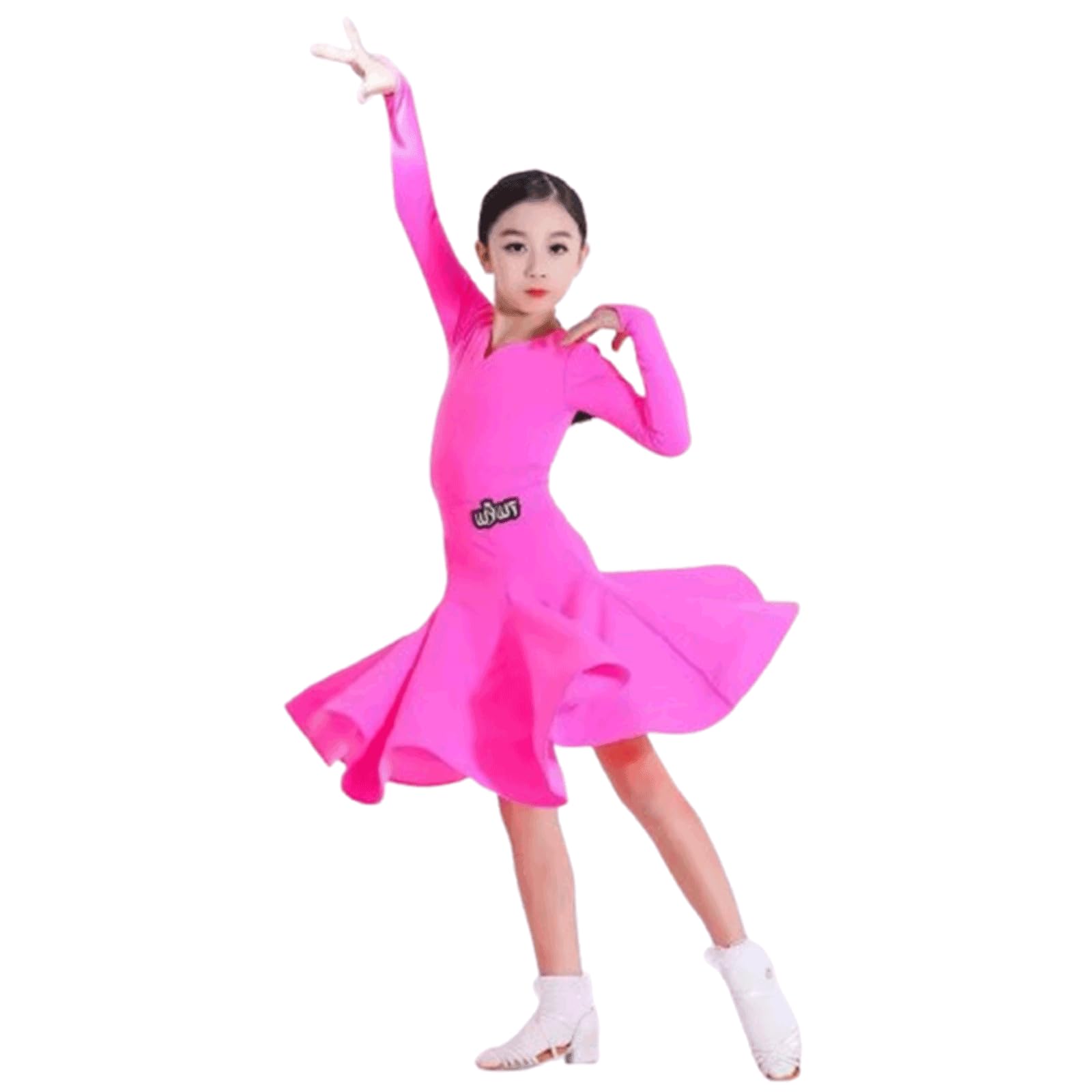 Dziewczęcy strój do tańca latynoamerykańskiego dla dzieci, dekolt w serek z falbanką u dołu strój tańca towarzyskiego rumba samba ćwiczenia zawody tango chacha występ