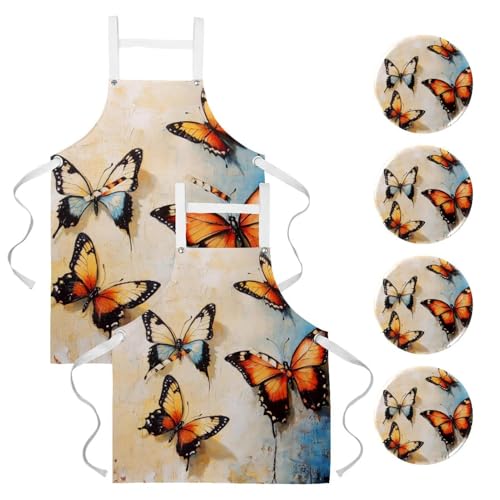 Lot de 2 tabliers de cuisine avec 4 broches papillons multicolores