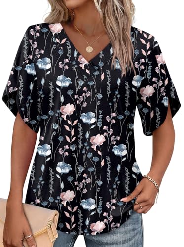 Image of WIHOLL Womens Summer Tops Short Petal Sleeve Shirts Fashion V Neck Womens Clothing