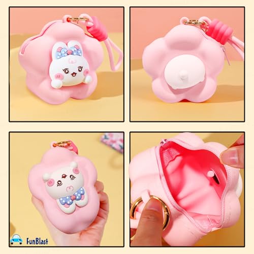 Image of FunBlast Soft Silicone Coin Pouch - Cute Animal Design Mini Purse with Strap, Multipurpose Silicone Pouch, Small Zipper Wallet for Kids & Girls, Kawaii Coin Bag - 9 X 9 X 6.5 cm (Pink)
