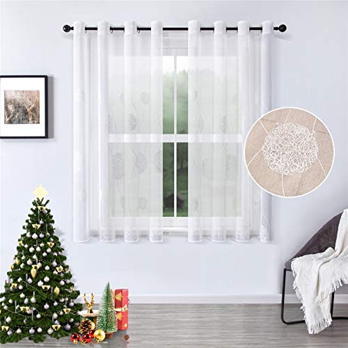 MRTREES Cortinas Bordada Translúcida de Dormitorio Moderno con Hebilla para Cocina Sala de niños Sala de Estar Comedor 2 Piezas 140×145cm(An× L) Blanco