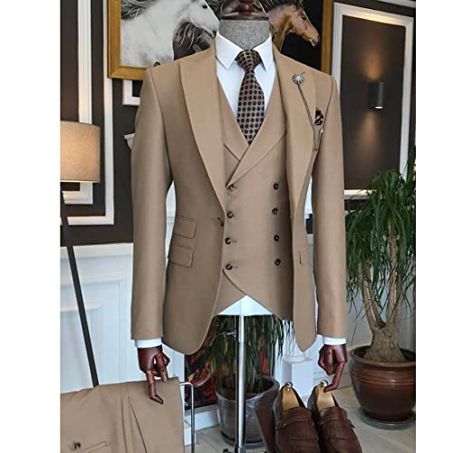 Men Suit Brown Wide Peak Lapel Blazer Groom Wedding Formal Prom Tuxedo 3 Pieces Suit Jacket Pants Vest3