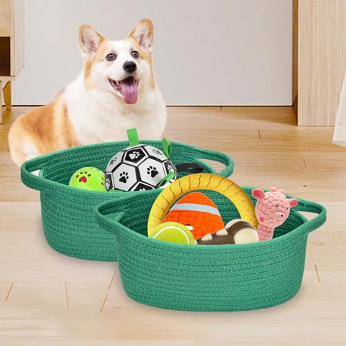 Image of ABenkle Small Basket with Handles, Boho Decorative Rope Woven Dog Cat Toy Storage Bin Shelf Storage Organizer, Easter Christmas Gift Basket, 12 inchx8 inchx5 inch