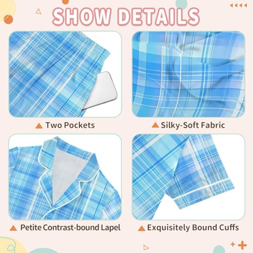Unisex Plaid Pajamas Satin Silk Button Down Sleepwear Summer 2 Piece Set Lounge Wear3