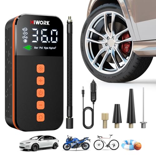 HIWORK 12V Air Compressor, Tire Inflator Portable Air Pump 150 PSI 12V DC Electric Inflator for Car Tires Bikes Balls Balloons and Other Inflatables with Digital Gauge and SOS Light