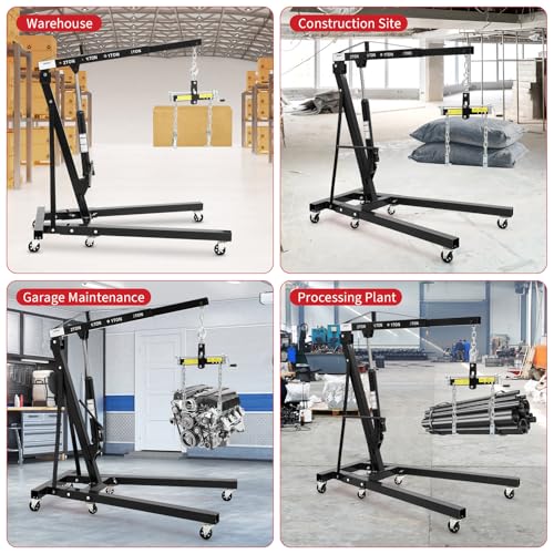 Image of 2 Ton Folding Hydraulic Engine Hoist with Load Leveler 4400 LBS Capacity Heavy Duty Cherry Picker 6 Swivel Wheels&Hydraulic Pump Adjustable Boom (0.5T-2T) for Garage Workshop Warehouse Black