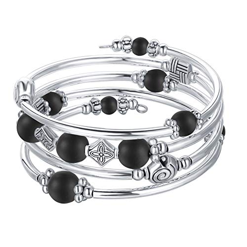 FULU AUTUMN Bracelet de Perles en Argent pour Femme-Bijoux Bohème Multicouches-Cadeau Fete Des Meres pour Maman(09-Matte Black)