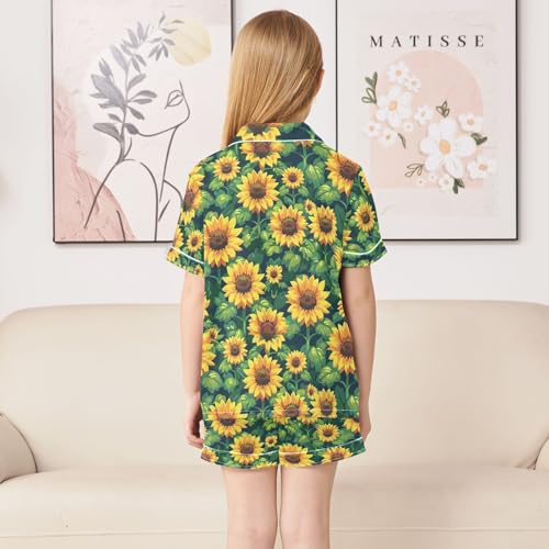 ALAZA Painting Sunflower Leaf Satin Pajamas Set Short Sleeve Button Down Sleepwear Summer Pjs 2 Piece4