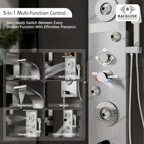 Image of Backline shower panel | 7 In 1 Shower System 304 Grade Stainless Steel | Shower With Storage Shelf, LED Rainfall Shower,Hot & Cold Adjustable,Massage Spray,Hand Shower & Water Spout