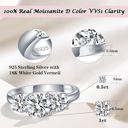 2CT Moissanite 3 Stones Rings for Women D Color VVS1 Clarity Round Created Diamond and 925 Sterling Silver with 18K White Gold Vermeil Size 5-102