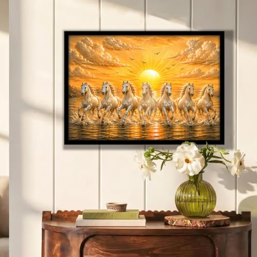 Image of PAINTINGMANTRA 7 White Running Horses Framed Wall Art Painting For Living Room, Vastu Poster with frame for Wall, Decoration item for bedroom, 13x17.5 Inch