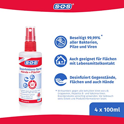 SOS Desinfektions-Spray, 4 x 100 ml Sprühflasche, Handdesinfektion gegen 99,99% der Bakterien, Pilze und Viren*, geeignet zur Desinfektion von Flächen und Gegenständen – Bild 3