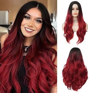 Damen Rot Lange Lockige Wellige Perücken Natürliche Ombre Schwarz bis Rot Mittelteil Haarperücke für Halloween Cosplay Gebrauch