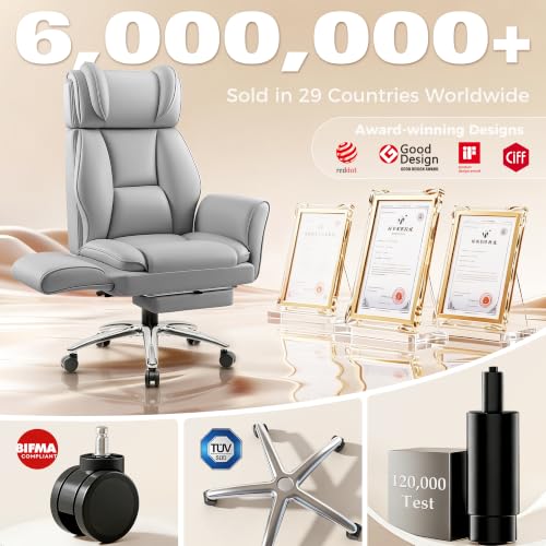 Image of Big and Tall Office Chair, Flip Armrests for Pets & Cross Legged Sitting, Ergonomic Leather Executive Desk Chair with Foot Rest, High-Back Reclining Computer Chairs for Home Office Gaming, Grey