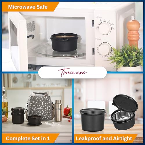 Image of Trueware Omaga Lunch Box with Insulated Khadi Jacket, 3 Microwave Safe & Leak Proof Inner Stainless Steel Containers(1 x 200ml, 1 X 400ml & 1 X 500ml) & 1 Steel Bottle 500ml Tiffin for Office,College