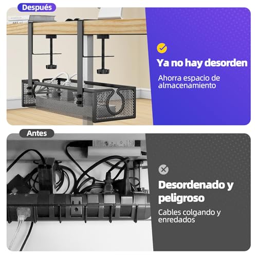 Aevorant Organizador de Cables bajo Escritorio Sin Taladro | Bandeja Metálica con Soportes y Clips | Kit Cable Management Negro (39.8x15.5x18.5cm) para Enchufes y Cables - imagen 3