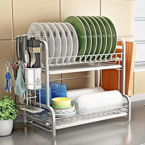 Escurridor de platos de acero inoxidable para fregadero con soporte para tabla de cortar y organizador de utensilios – Organizador de almacenamiento de cocina con bandeja de goteo