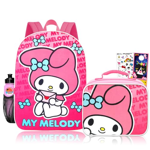 My Melody Backpack and Lunch Box Set - Bundle with 16 Sanrio Backpack Lunch Bag Water Bottle Stickers More | My Melody School Bag with Lunchbox for Girls Kids