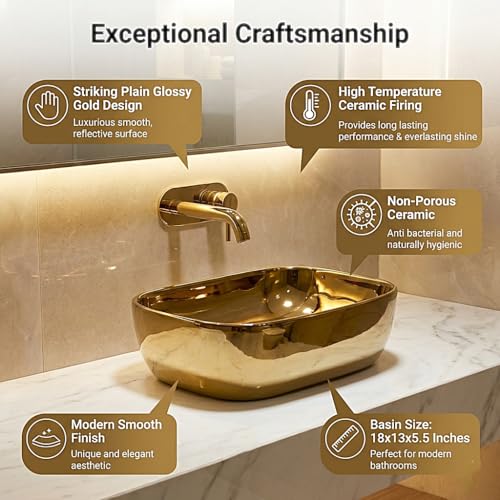 Image of BASSINO 18x13x5.5 Inches Table Top Washbasin /1 Year Warranty /Ceramic Wash Basin for Bathroom /Rectangular Counter Top Wash Basin for Restaurant /Dining Hall /Living Room /Tabletop Sink(Glossy Golden)