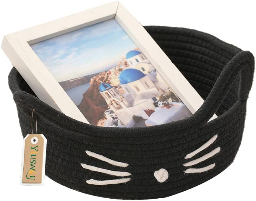 Yiuswoy Small Storage Basket Cotton Rope Woven Storage Box Baby Nursery Storage Organiser for Toys, Keys, Jewelry (Black Cat)