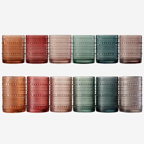 Image of Khen Hobnail Beaded Highball Drinking Tumbler Glasses | Set of 12 | Color, Vintage Bubble Design Whiskey Glassware, Old-Fashioned, Embossed Design for Water, Wine, Cocktail Embossed, Rocks Glass