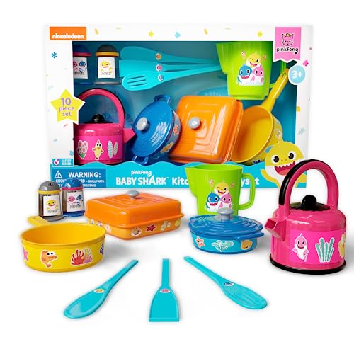 Lollipop Baby Shark Cooking Adventure Set: Play Kitchen with Pots, Pans, Utensils, Measuring Cup, Tea Kettle, Salt, and Pepper Shaker - Great Kids Kitchen Playset