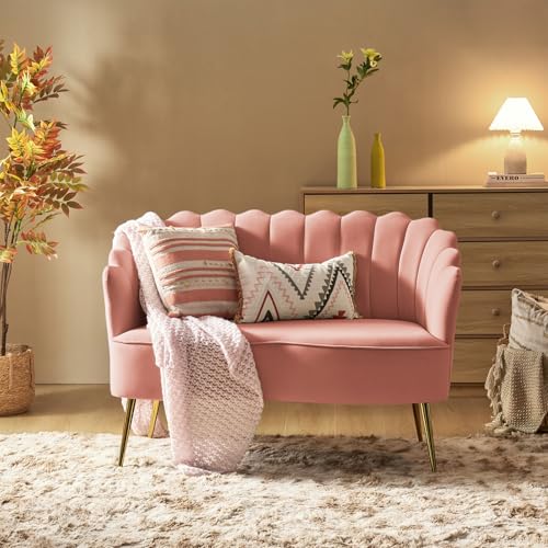 Image of HULALA HOME Velvet Loveseat Sofa with Gold Legs, Modern 2-Seater Sofa for Living Room Bedroom, Comfy Upholstered Small Love Seat Couch, Flower Shaped Back, Pink