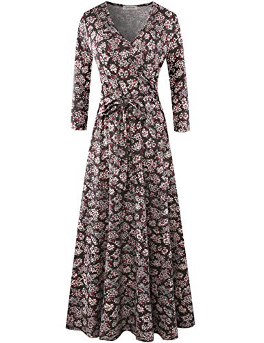 Aphratti Womens 3 4 Sleeve Faux Wrap Maxi Dress Floral Fit Flare V Neck Long Dresses Floral Grey S