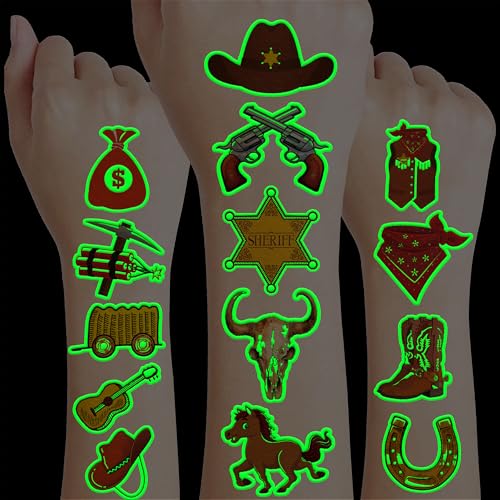 96 PCS Western Cowboy Pre-Cut Temporary Tattoos for Kids First Themed Birthday Party Supplies Favors Decorations 8 Sheets Super Cute Fake Tattoo Stickers (Luminous)