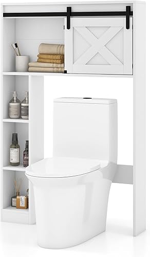 LOKO Gabinete de almacenamiento sobre el inodoro, organizador multifuncional que ahorra espacio con puerta corrediza de granero y estantes de