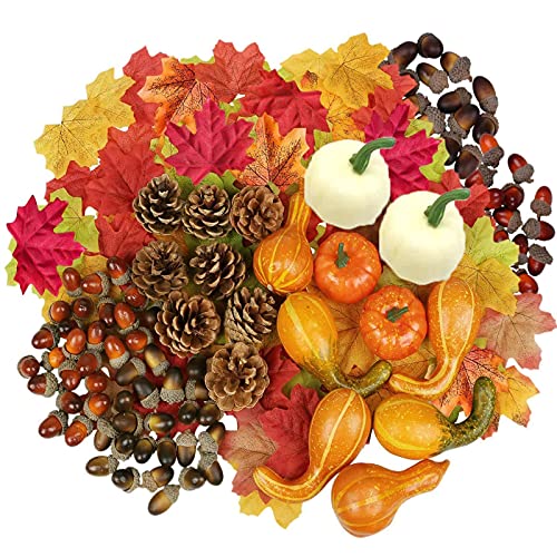 HBell Lot de 172 citrouilles artificielles pour Halloween, mini pommes de pin, feuilles d'érable, glands de décoration d'automne, pour Noël, mariage, décoration de table Cover