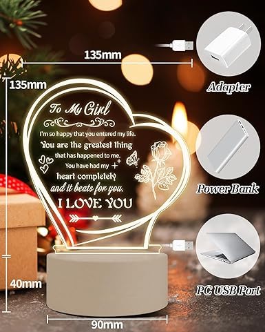 Image of Valentine's Gift for Girlfriend, Wife - Special Acrylic Night Light Bedside Lamp for Birthday, Anniversary - Presents for Fiance