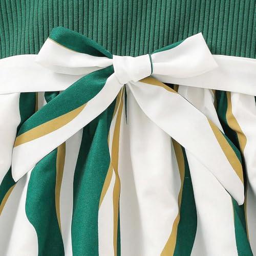Girls' Long - Sleeve Dress for Spring and Autumn: Green Knit Top with Striped Skirt and Bow 7-13 Years4