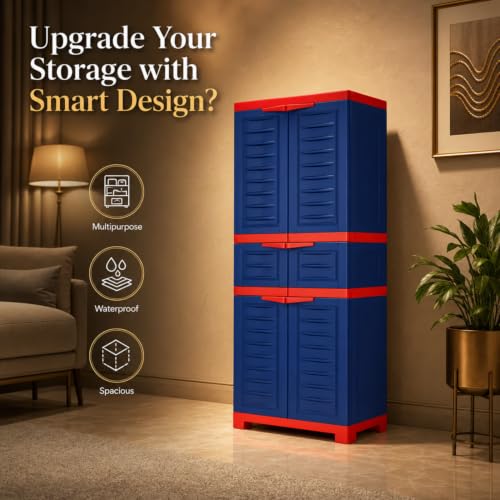 Image of Supreme Furniture Fusion 02 MDR 01 Multipurpose Plastic Cupboard | 40-Months Warranty* | Cabinet with 1 Drawer Storage at Center | Spacious Shelves | Big Organiser for Bedroom | DIY |Royal Blue Red