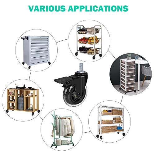 Hirate 3" M10+BRAKE_2P+N/B_2P+NUTS 3 Inch Caster With 3/8"-16Unc Threaded Stem(2 Casters With Brake Lock), 4 Pack Swivel Stem Casters With Nylon Lock Nuts thumb #4