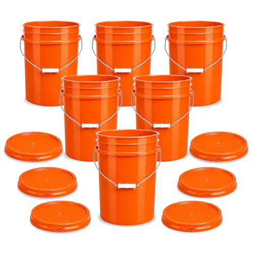 Image of ePackageSupply 5 Gallon Bucket - Food Grade w /Lid BPA-Free,6 Pack - Orange | Airtight Gasketed Tear Strip Lid, Heavy-Duty 90 Mil HDPE Plastic Pail, Bulk Storage, Food Safe Durable Container, Made in USA